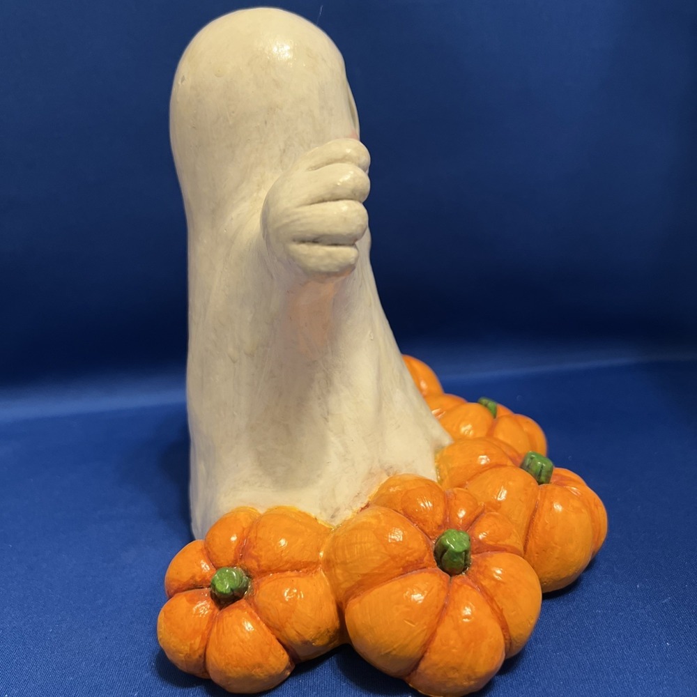 Vtg '89 Juta Chalkware Halloween Happy Ghost Pumpkins Candle Cover Figurine 7x8" - Picture 6 of 13